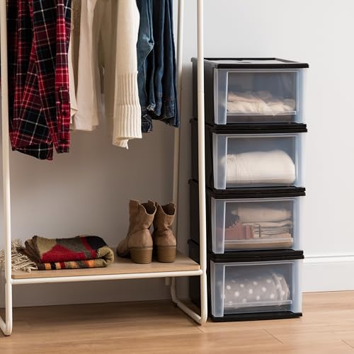 IRIS USA 17 Qt. Medium Plastic Stacking Drawer, Stackable Storage Organizer Unit with Sliding Drawer for Bedroom Kitchen Under Sink Pantry Craft Room Dorm Office, Black, 4-Pack by IRIS USA - Image 3