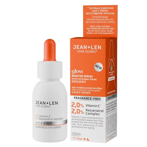 Jean & Len Glow Booster Serum, ideal para todos os tipos de pele, sérum facial com derivado de vitamina C e complexo de resveratrol, para uma tez mais uniforme, sem fragrância, vegano, 30 ml