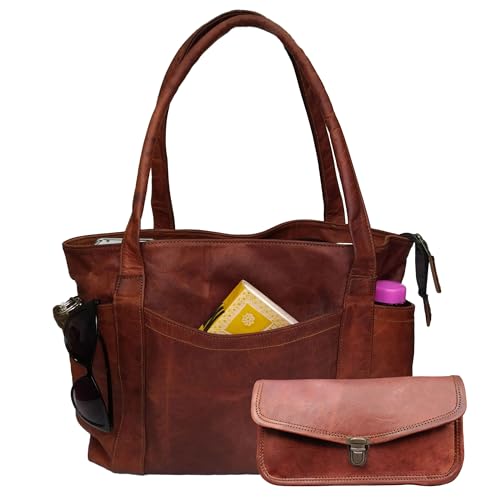 Madosh Vintage Womens Shoulder Handbag Genuine Leather Brown Tote Everyday Purse With Clutch