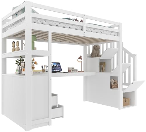Miniatura 4 de Sacool Cama Alta 90 X 200 Cm, Cama Y Mesa, Escalera De Almacenamiento, Dos Cajones, Color Blanco