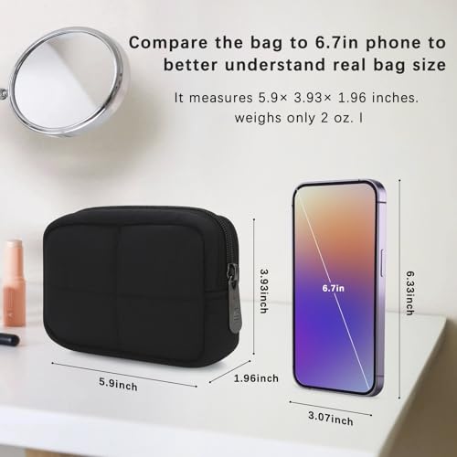 Small Makeup Bag for Purse, Quilted Travel Cosmetic Bag, Zipper Cosmetic Pouch Organizer Toiletry Bag, Make Up Bags for Women Girls, Black2