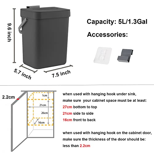 Lalastar Countertop Compost Bin With Lid, Hanging Small Trash Can With Lid Under Sink For Kitchen, Food Waste Bin For Countertop, Mountable Garbage Can For Bathroom, Rv, 5L/1.3 Gal, Black #TOP6