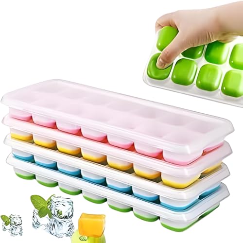 Kit 4 Unidades Forma de Gelo Silicone com Tampa 14 Cubos Livre de BPA Fundo Flexível Empilhável Desenforma Fácil Forminha Ideal para Gelo Papinhas Frutas (Cores Sortidas)