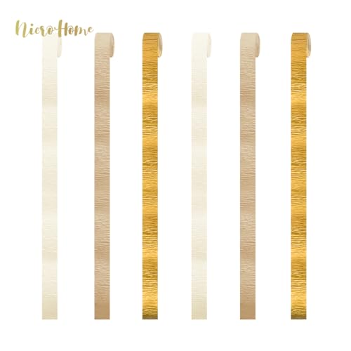 Image of NICROHOME EUR Wedding Decorations, 6 Rolls Ivory White Gold Light Brown Crepe Paper Streamers for Bridal Shower, Birthday Party, Golden Engagement Party, New Year Decorations 82 Ft Long