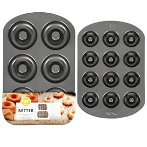 Wilton Donut Pan 2-Piece Set, 6-Cavity Mini, and 12-Cavity Standard Donuts, Scratch Resistant and Nonstick Doughnut Pan with Doughnut Molds, Made of Long Lasting Carbon Steel Construction Heats Evenly