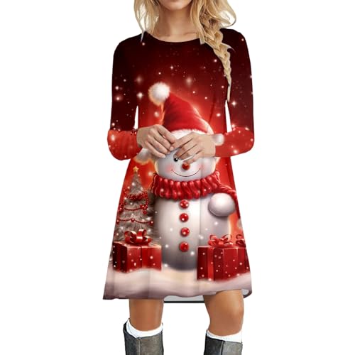 Weihnachtskleid Damen Langarm Kleider, Druck Elegant XXL 50er Jahre Weihnachtskleider a Linie Retro Tunikakleid Knielang Rundhals Plisseekleid...