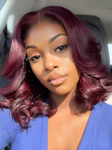 Image of Beauty Forever Glueless Bob Wig Human Hair Body Wave Black Cherry HD Lace Bob Drawstring Wig with Face Framing Bangs 150% Density 14 Inches Pre Plucked Pre Cut Bye Bye Knots Ready to Go Blow Out Wig