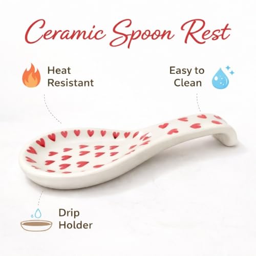 Image of Handcrafted Ceramic Spoon Rest, Kitchen Counter Spoon Holder for Cooking Utensils, Ladle & Spatula Rest, Heat Resistant Kitchen | Spoon Rest for Kitchen & Dining (Red Hearts)