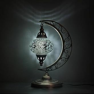 Asylove Turkish Moon Lamp, Mosaic Moroccan Table Lighting, Standing Turkish Lamp, Decor Home Floor Lighting Accessory, Total Dim. 7.5 x 11 x 18 inches (White)