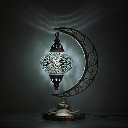 Asylove Turkish Moon Lamp, Mosaic Moroccan Table Lighting, Standing Turkish Lamp, Decor Home Floor Lighting Accessory, Total Dim. 7.5 x 11 x 18 inches (White)