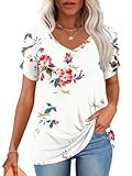 CATHY Women's Tops Casual Tunic Short Sleeve V Neck T-shirts Loose Comfy Plus Sized Blouse for Leggings Floral White XX-Large