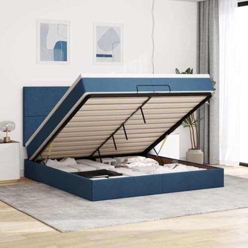 YuuSsea Cama otomana con colchones y ledes, tela azul, 200 x 200 cm, con gran espacio de almacenamiento, colchón de muelles ensacados, colchón, muebles de dormitorio cómodos