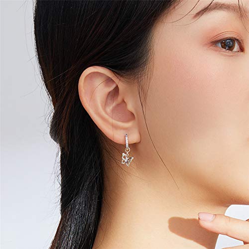 Cute Cz Butterfly Dangle Hoop Earrings For Women Teen Girls S925 Sterling Silver With Charms Huggie Hoops Crystal Drop Cartilage Filigree Jewelry Delicate Fashion Dainty Gift For Dauther #TOP2