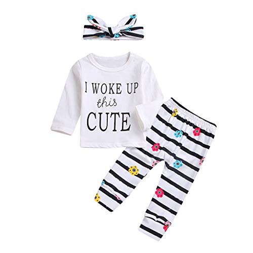 3Pcs Toddler Infant Baby Girl Clothes Outfits Set Long Sleeve T-Shirt Tops Flowers Pants with Headband Bodysuit White