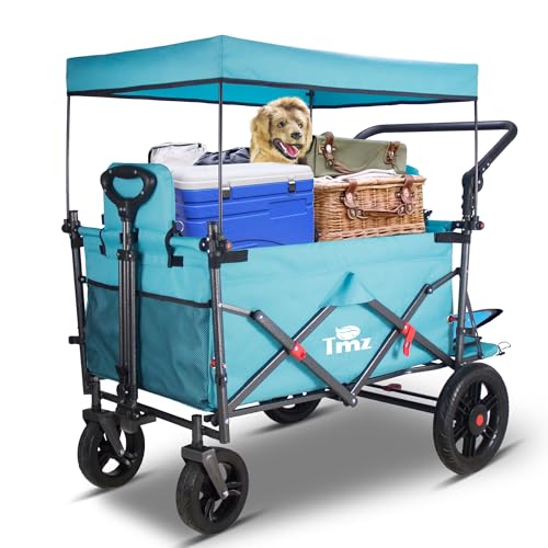 TMZ Folding Wagon Featuring 2 Seats, Folding Handcart trolley with Removable Canopy, Collapsible Garden Wagon with Brake for Festival Shopping Camping Picnic (Turquoise)