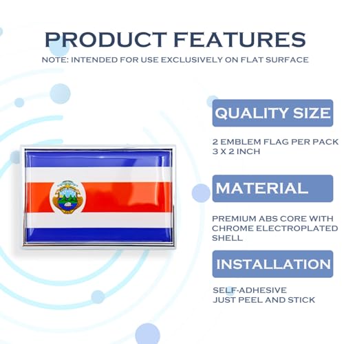 Image of Costa Rica Flag Sticker Emblem Costa Rican Decal Car Chrome Flags, 2 Pack, 3 x 2 inches