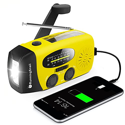 RunningSnail Emergency Hand Crank Radio with LED Flashlight for Emergency, AM FM Portable Weather Radio with 2000mAh Power Bank Phone Charger, USB Charged & Solar Power for Camping, Emergency(Yellow)