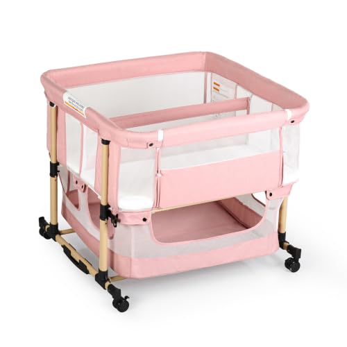Twin Bassinet for 2 Babies, Double Bassinet for Twins, Rocking Bassinet with Wheels and Storage Basket, Full-Mesh Sides, 5-Height Adjustable, Portable and Stable Baby Crib for Newborns (Standard Pink)
