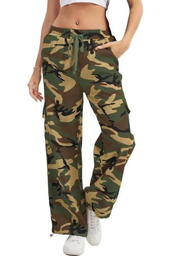 HVEPUO Camo Pants Women High Waisted Wide Leg Casual Y2K Camoflage Cargo Pants Baggy Elastic Waist Straight Jeans Trousers