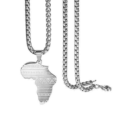 Flongo Collar Punk para Hombres y Mujeres en Acero Inoxidable Mapa Colgante África Color Plata Oro
