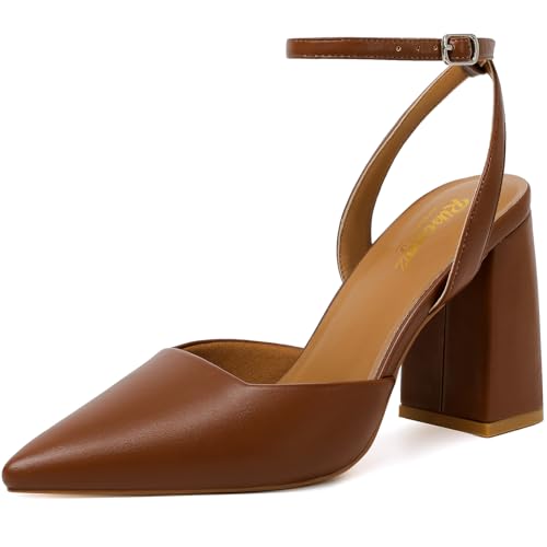 Image of RIBONGZ Block Heels for Women Closed Pointed Toe Heeled Slingback Chunky High Heel Ankle Strap Pumps Patent Leather Comfort Dressy Shoes for Work Party Prom Wedding Bridal Dress