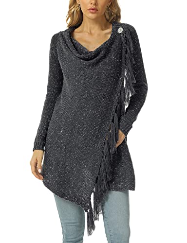 Relipop Women's Cardigans Open Front Color Stripe Slash Tassel Hem Poncho Knit Sweater Deep Grey