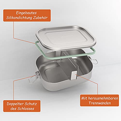 Foto von BOMEON Brotdose Edelstahl, Brotdose Kinder mit Fächern , Auslaufsichere Lunchbox mit Trennwand & Besteck, BPA- & plastikfreie, Bento Box [1200ml] für Schule, Arbeit, Fitness, Picknick