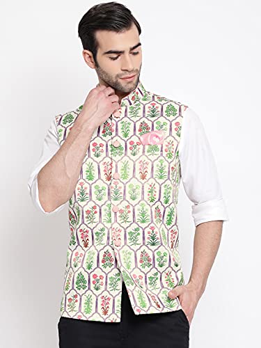 Image of VASTRAMAY Mens Silk Blend Nehru Jacket - Timeless Style & Versatility | Digital Floral Printed Ethnic Sleeveless Coat for Formal & Casual Wear