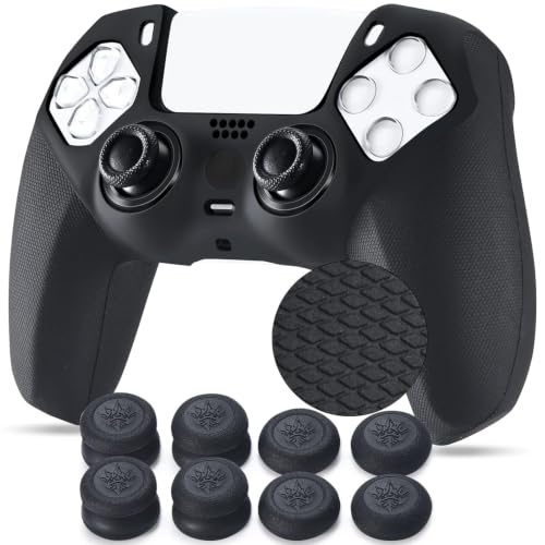 YoRHa Grip Texture Silicone Skin for PS5 Dualsense Controller x 1(Black) with Pro Thumb Grips x 8