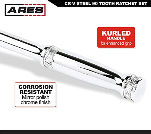 Ares 42048-3-Piece 90 Tooth Ratchet Set - Premium Chrome Vanadium Steel Construction & Mirror Polish Finish - Quick Release For Easy Socket Change - 90-Tooth Reversible Design With 4 Degree Swing #TOP4