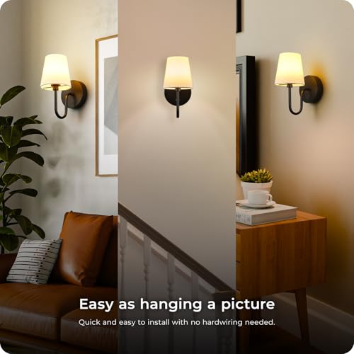 Image of Globe Electric 65000132 Rechargeable Battery Wall Sconce, Integrated LED, Matte Black Finish, White Fabric Shade, 3-Step Touch Dimming, Timer, USB-C Charging, Wireless Modern Lighting