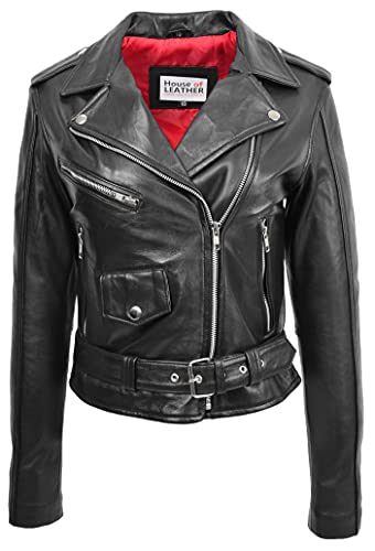 Veste de motard en cuir véritable blouson perfecto noir style Brando femme