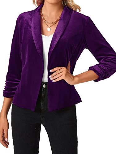 Mintlimit Women's Velvet Blazer 3/4 Ruched Sleeve Jacket Shawl Lapel Open Front Casual Blazers Jackets Purple #TOP2