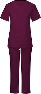 Women's 2 Piece Outfit Set V Neck Short Sleeve Scrub_Tops and High Waisted Pants Medical Uniform Nurse Workwear
