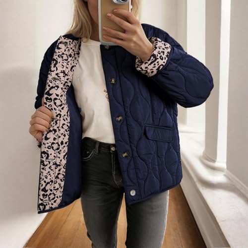 Quilted Jackets for Women Casual Button Down Puffer Bomber Jackets Crew Neck Leopard Fleece Jacket Coat with Pockets3