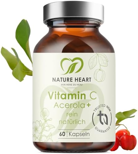 Nature Heart Vitamin C Acerola 60 Kapseln – Natürliches Vitamin C aus Acerola Kirsche – Vegan – Ohne Zusatzstoffe – Immunsystem, Haut & Energie – Hochdosiert