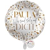 balloa Personalisierter Ballon XXL mit Namen, Geschenk zur Anerkennung, Folienballon Wir sind stolz auf Dich Konfetti Gold Design, Helium geeignet Luftballon Deko für Frau Mann, 53cm