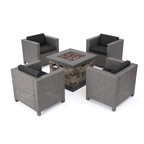Christopher Knight Home Puerta Outdoor Wicker Club Chair Set With Water Resistant Cushions And Stone Square Firepit, 4-Pcs Set, Mixed Black / Dark Grey / Stone Finish #TOP14