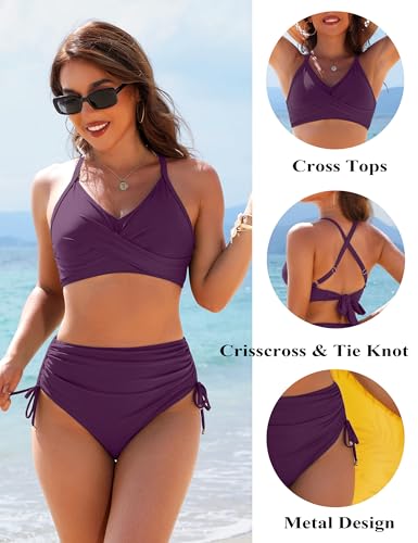 Image of Blooming Jelly Womens High Waisted Bikini Sets Drawstring Tummy Control Swimsuits Crisscross Tie Back Bathing Suit