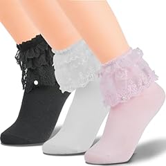 C-3pairs Pearl Lace Ruffle Colorful (White Black Pink)
