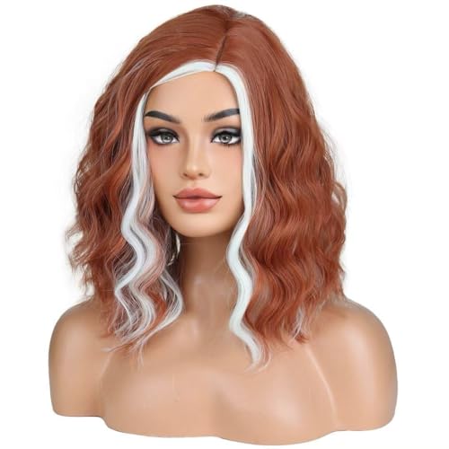 Image of BERON Light Brown Highlights Platinum Short Wave Wig for Women Girls Shoulder Length Wavy Heat Resistant Synthetic Wig for Cosplay Costume Party or Daily