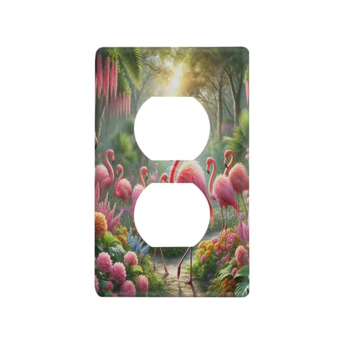 Flamingo Flowers Leaves Light Switch Cover Decorative Receptacle Outlet Wall Plate Guard Plastic Wall Outlet Cover for Home Decor Room Office Bathroom (Duplex Outlets Cover)