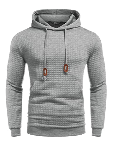 Coofandy Men's Hooded Sweatshirt Long Sleeve Fashion Gym Athletic Hoodies Solid Plaid Jacquard Pullover With Pocket Grey Xx-Large #TOP4