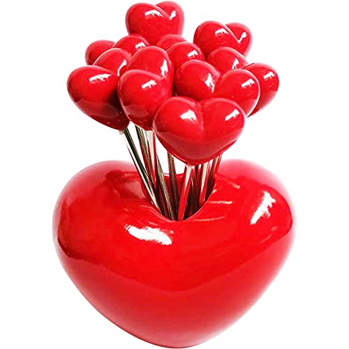 WAYUTO Creative Stainless Steel Fruit Fork Set Decorative Heart Shaped Base Holder with 10 forks Cute Food Pick Forks Salad Cake Dessert Forks with a Resin Holder Heart Forks