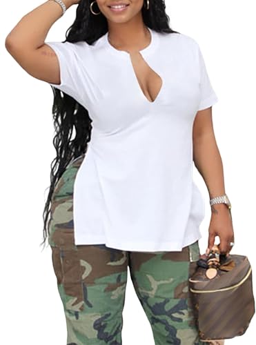 Remidoo Women's Side Slit Shirt Sexy V Neck Short Sleeve T