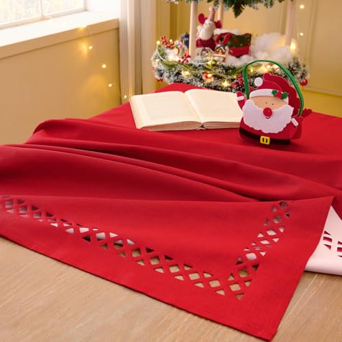Aoztio Christmas Tablecloth with Lattice Cutwork Waterproof & Stain Resistant Red Table Cloth for Rectangle Tables, Xmas Tablecloth Linen Table Cover for Dinner/Parties/Holiday, 55 x 120 Inchs, Red by Aoztio - Used condition - Image 2