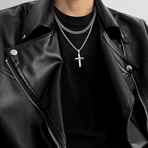 IRONBOX 925 Sterling Silver Cross Necklace for Men Women Stainless Steel Diamond Cut Durable 5MM Cuban Link Chain and 2.5MM Rope Chain Beveled Edge Crucifix Pendant Necklace Jewelry 16-30 Inches3