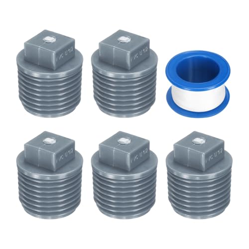 sourcing map 10Pcs 1/2 Inch PT Male Thread PVC Pipe Fitting Plug, Cleanout Plugs, Water Drain End Caps Coupling Adapter with Tape for Water Heater Supply Lines, Plumbing, Gray