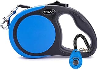 CFMOUR Retractable Dog Lead, 3m/15kg Blue Heavy-Duty Extendable Dog Leads for X-Small to Small Dogs Cats; Strong Nylon Tape Ribbon Leash, One-Button Brake&Lock, Bonus Training Clicker