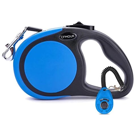 CFMOUR Retractable Dog Lead, 3m/15kg Blue Heavy-Duty Extendable Dog Leads for X-Small to Small Dogs Cats; Strong Nylon Tape Ribbon Leash, One-Button Brake&Lock, Bonus Training Clicker Cover